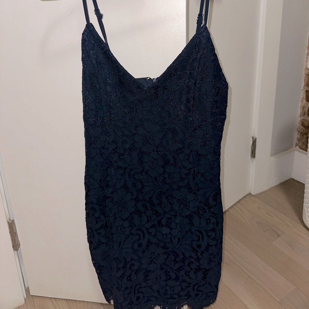 navy blue mini dress from revolve (superdown brand). light lace pattern